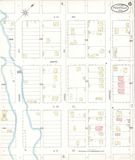 Sanborn Fire Insurance Map from Pocatello, Bannock County, Idaho (1900), Sheet #0006 - Historic Sanborn Fire Insurance Map Print, vintage old map wall art, antique decor, genealogy gift, Idaho Idaho map