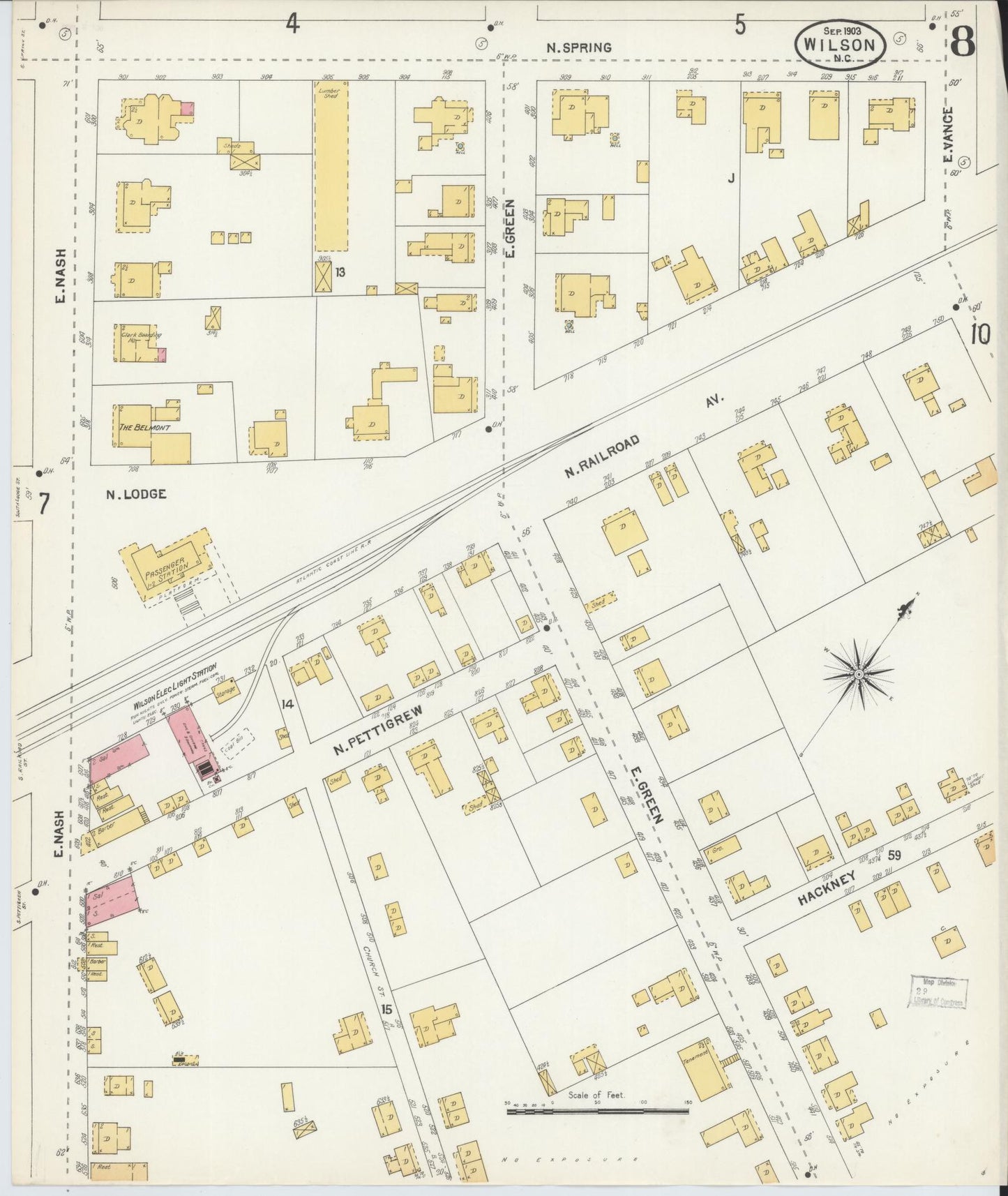 Sanborn Fire Insurance Map from Wilson, Wilson County, North Carolina (1903), Sheet #0008 - Historic Sanborn Fire Insurance Map Print, vintage old map wall art, antique decor, genealogy gift, North Carolina North Carolina map