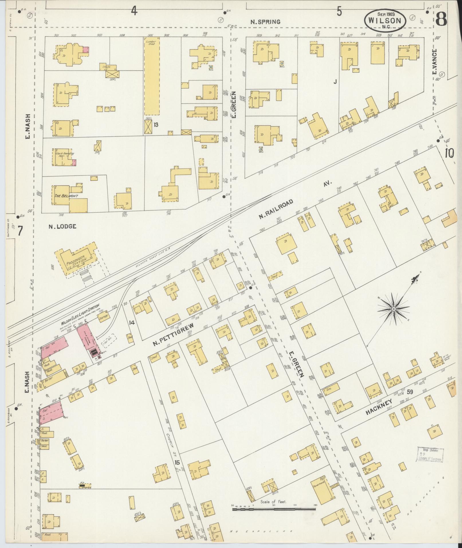 Sanborn Fire Insurance Map from Wilson, Wilson County, North Carolina (1903), Sheet #0008 - Historic Sanborn Fire Insurance Map Print, vintage old map wall art, antique decor, genealogy gift, North Carolina North Carolina map