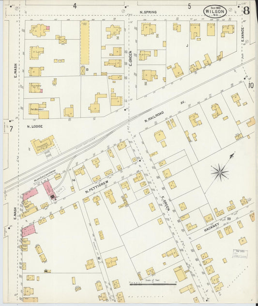 Sanborn Fire Insurance Map from Wilson, Wilson County, North Carolina (1903), Sheet #0008 - Historic Sanborn Fire Insurance Map Print, vintage old map wall art, antique decor, genealogy gift, North Carolina North Carolina map