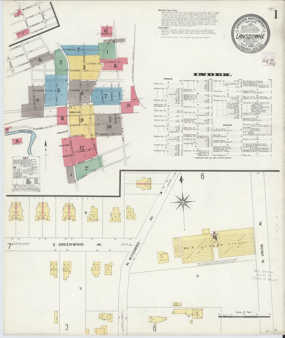 Sanborn Fire Insurance Map from Lansdowne, Delaware County, Pennsylvania (1908), Sheet #0001 - Historic Sanborn Fire Insurance Map Print, vintage old map wall art, antique decor, genealogy gift, Pennsylvania Pennsylvania map
