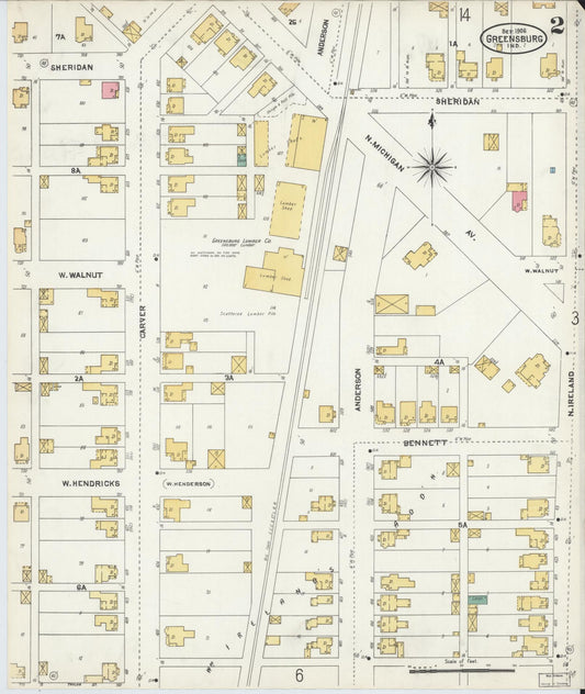 Sanborn Fire Insurance Map from Greensburg, Decatur County, Indiana (1906), Sheet #0002 - Historic Sanborn Fire Insurance Map Print, vintage old map wall art, antique decor, genealogy gift, Indiana Indiana map