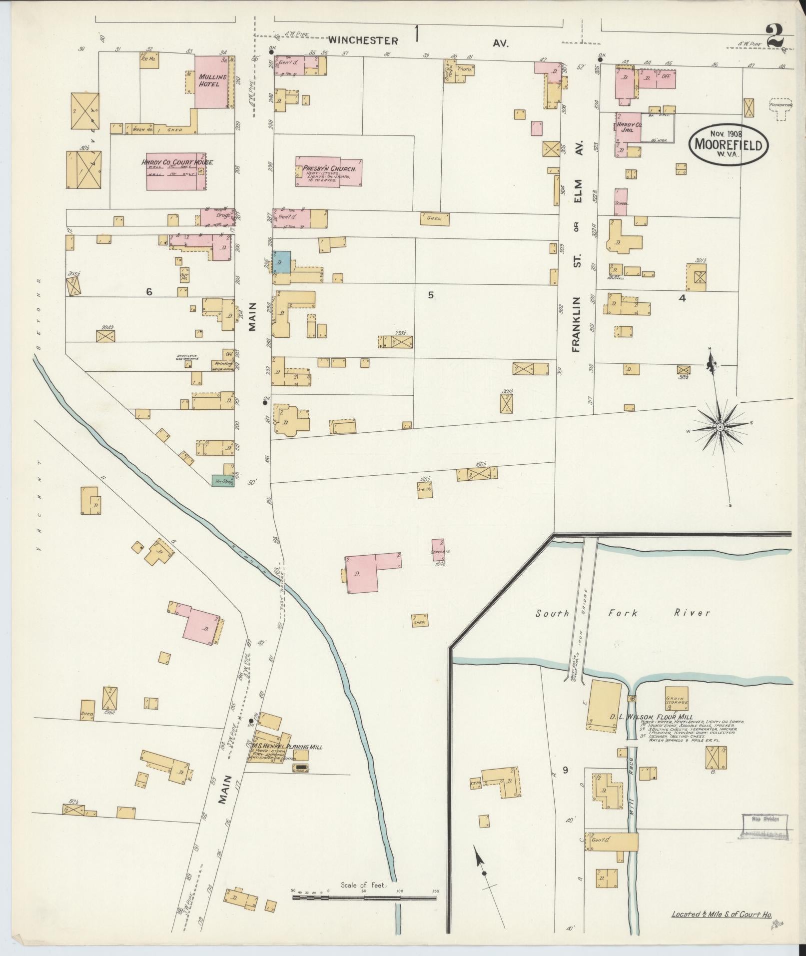 Sanborn Fire Insurance Map from Moorefield, Hardy County, West Virginia (1908), Sheet #0002 - Complete Map Set gallery image, historic Sanborn map, vintage wall art, West Virginia West Virginia