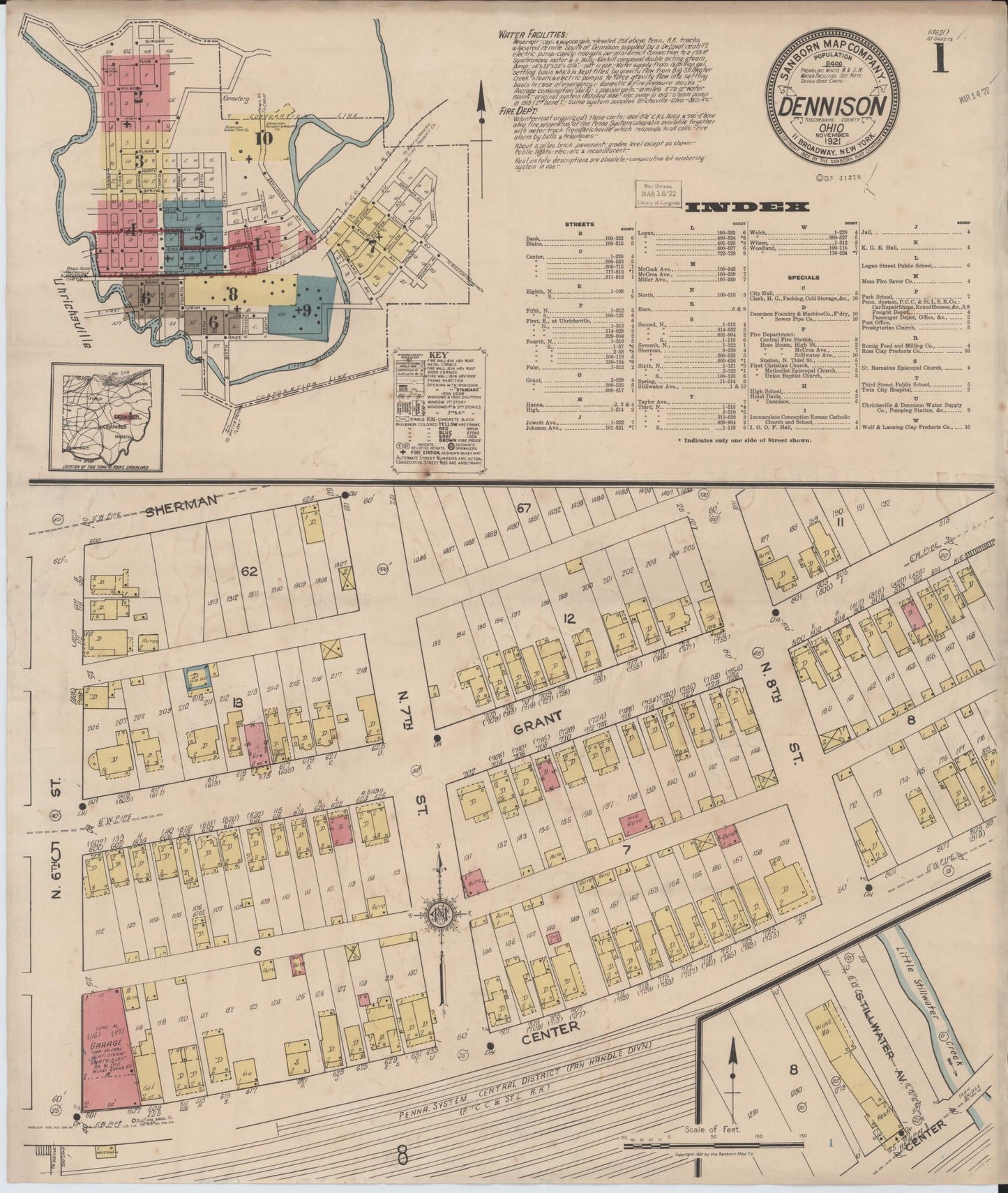 Sanborn Fire Insurance Map from Dennison, Tuscarawas County, Ohio (1921), Sheet #0001 - Historic Sanborn Fire Insurance Map Print, vintage old map wall art, antique decor, genealogy gift, Ohio Ohio map