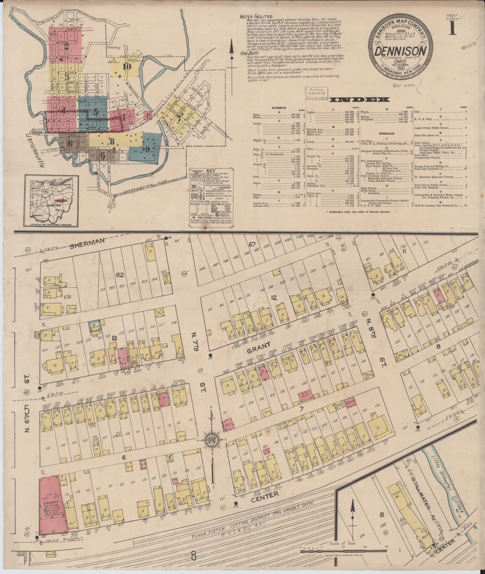 Sanborn Fire Insurance Map from Dennison, Tuscarawas County, Ohio (1921), Sheet #0001 - Historic Sanborn Fire Insurance Map Print, vintage old map wall art, antique decor, genealogy gift, Ohio Ohio map