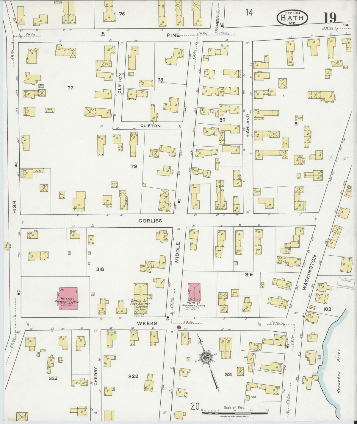 Sanborn Fire Insurance Map from Bath, Sagadahoc County, Maine (1919), Sheet #0019 - Complete Map Set gallery image, historic Sanborn map, vintage wall art, Maine Maine