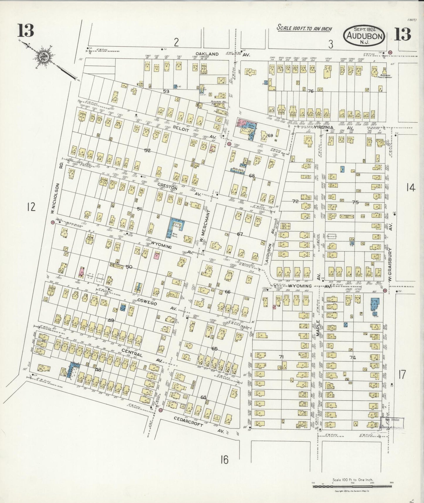Sanborn Fire Insurance Map from Audubon, Camden County, New Jersey (1924), Sheet #0013 - Complete Map Set gallery image, historic Sanborn map, vintage wall art, New Jersey New Jersey
