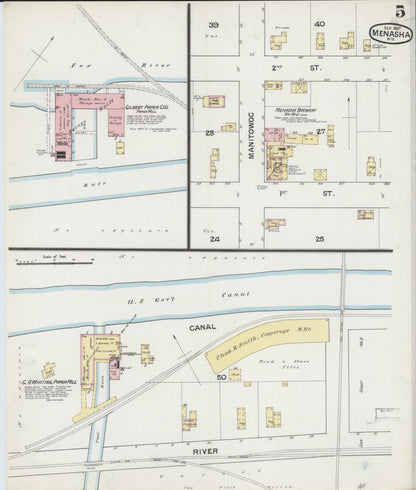 Sanborn Fire Insurance Map from Menasha, Winnebago County, Wisconsin (1887), Sheet #0005 - Historic Sanborn Fire Insurance Map Print, vintage old map wall art, antique decor, genealogy gift, Wisconsin Wisconsin map