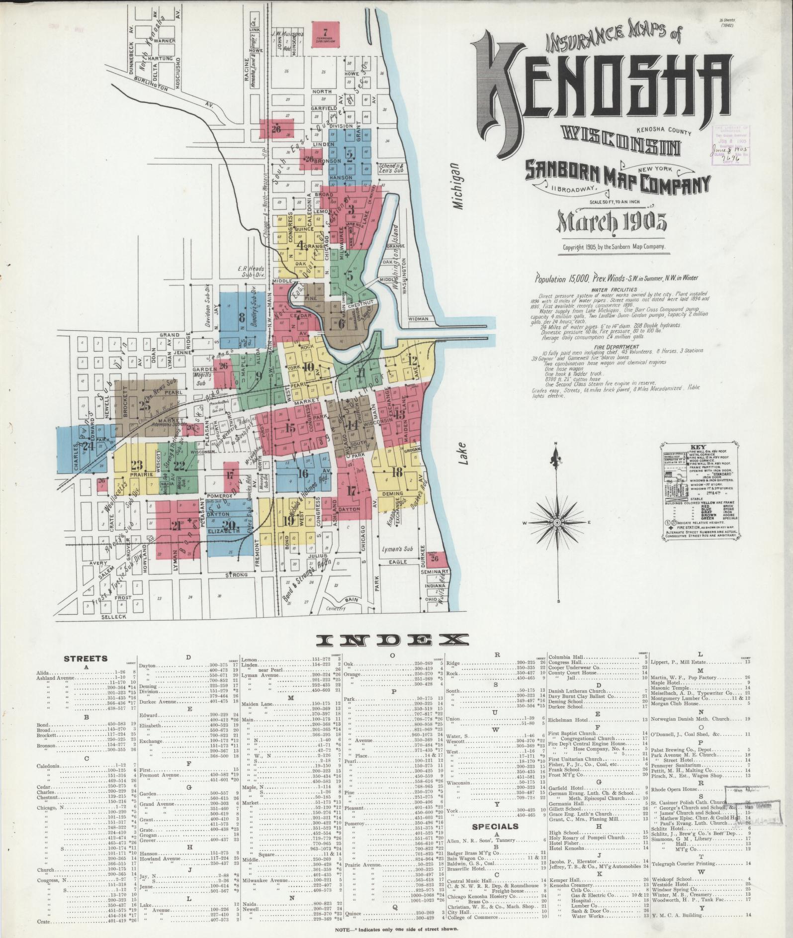 Sanborn Fire Insurance Map from Kenosha, Kenosha County, Wisconsin (1905), Sheet #0001 - Historic Sanborn Fire Insurance Map Print, vintage old map wall art, antique decor, genealogy gift, Wisconsin Wisconsin map