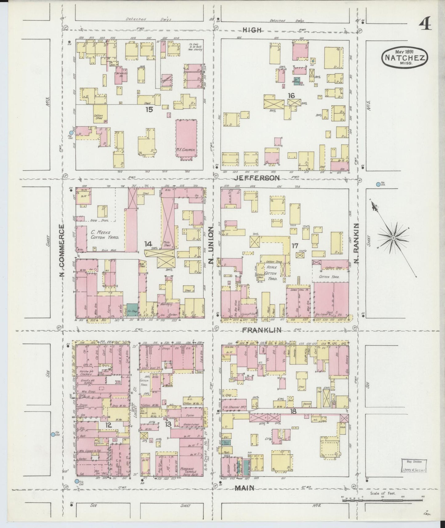Sanborn Fire Insurance Map from Natchez, Adams County, Mississippi (1892), Sheet #0004 - Historic Sanborn Fire Insurance Map Print, vintage old map wall art, antique decor, genealogy gift, Mississippi Mississippi map