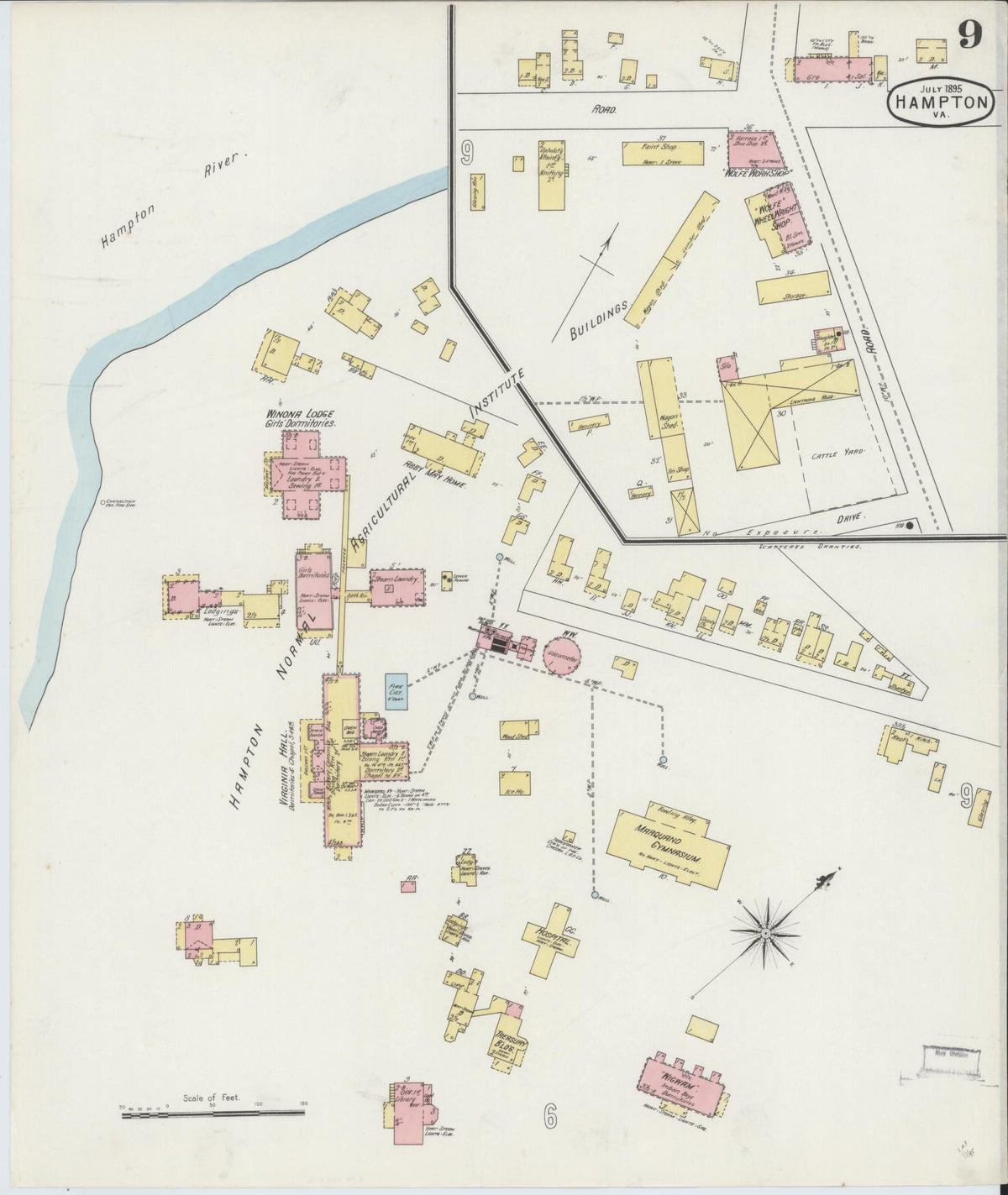 Sanborn Fire Insurance Map from Hampton, Independent Cities, Virginia (1895), Sheet #0009 - Historic Sanborn Fire Insurance Map Print, vintage old map wall art, antique decor, genealogy gift, Virginia Virginia map