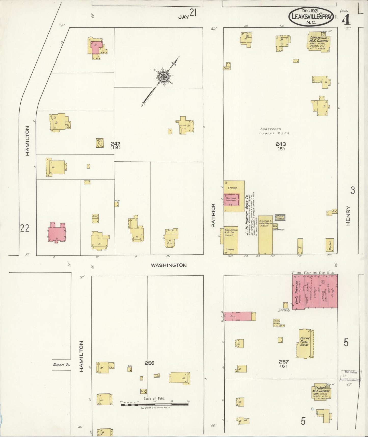 Sanborn Fire Insurance Map from Leaksville-spray, Rockingham County, North Carolina (1921), Sheet #0004 - Complete Map Set gallery image, historic Sanborn map, vintage wall art, North Carolina North Carolina