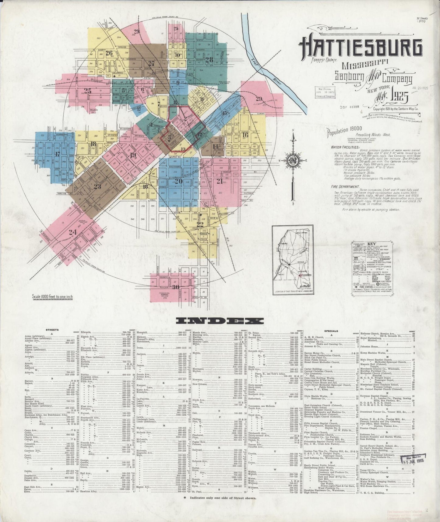 Sanborn Fire Insurance Map from Hattiesburg, Forrest County, Mississippi (1925), Sheet #0001 - Complete Map Set gallery image, historic Sanborn map, vintage wall art, Mississippi Mississippi