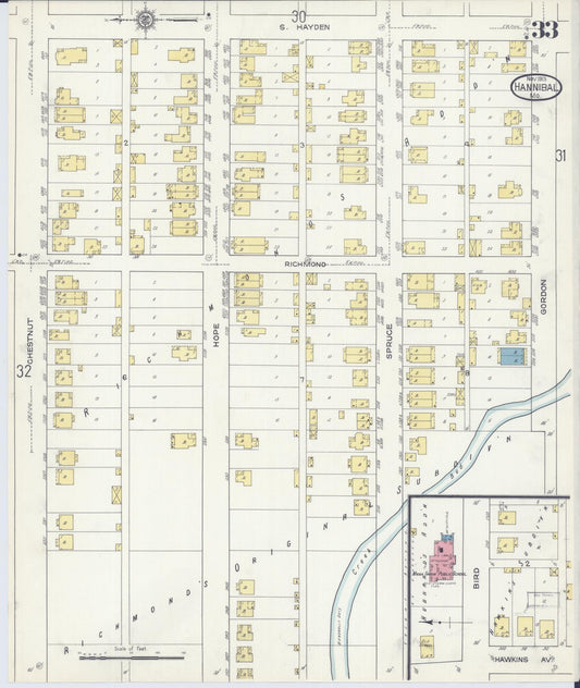 Sanborn Fire Insurance Map from Hannibal, Marion County, Missouri (1913), Sheet #0033 - Historic Sanborn Fire Insurance Map Print, vintage old map wall art, antique decor, genealogy gift, Missouri Missouri map