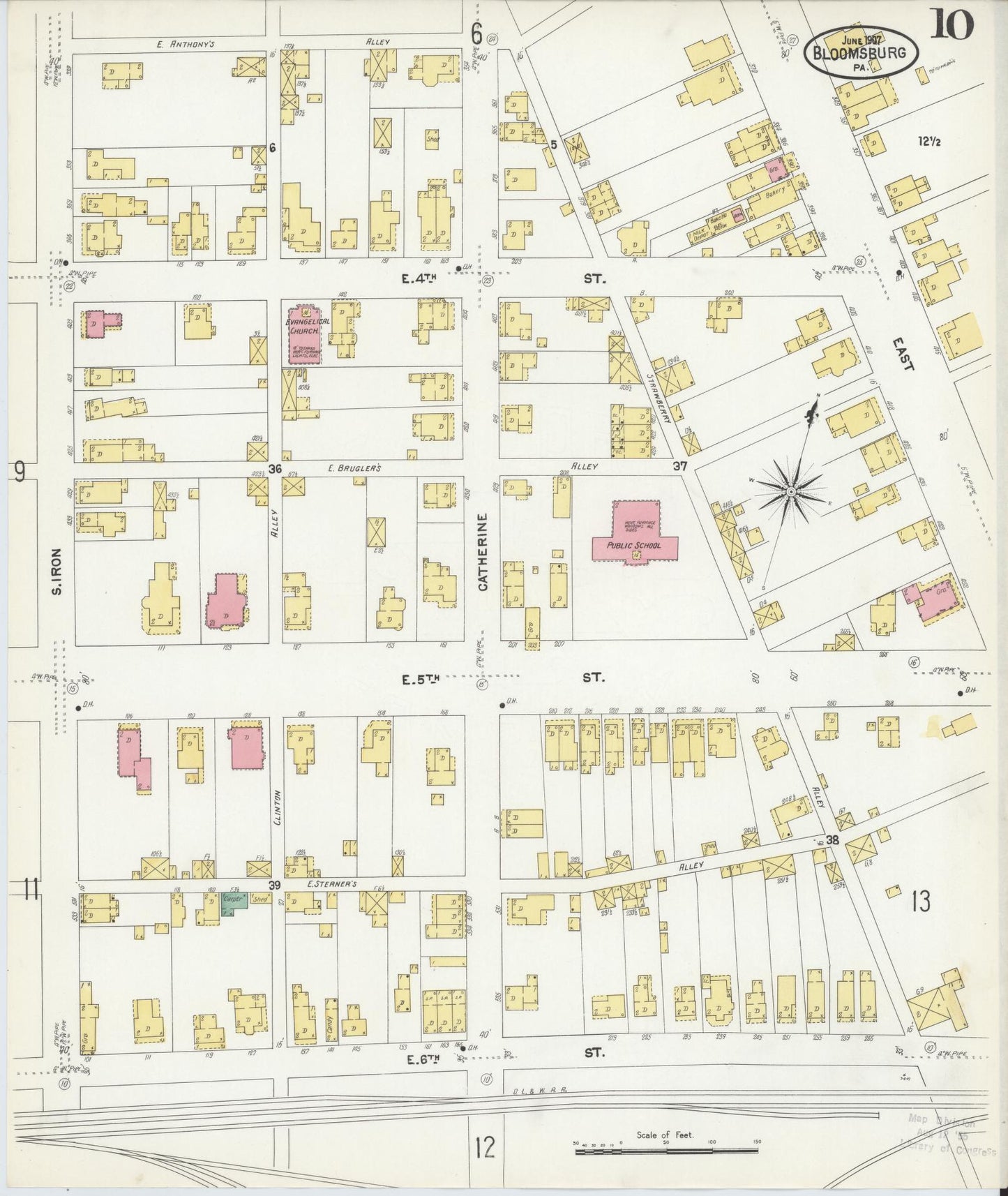 Sanborn Fire Insurance Map from Bloomsburg, Columbia County, Pennsylvania (1907), Sheet #0010 - Historic Sanborn Fire Insurance Map Print, vintage old map wall art, antique decor, genealogy gift, Pennsylvania Pennsylvania map