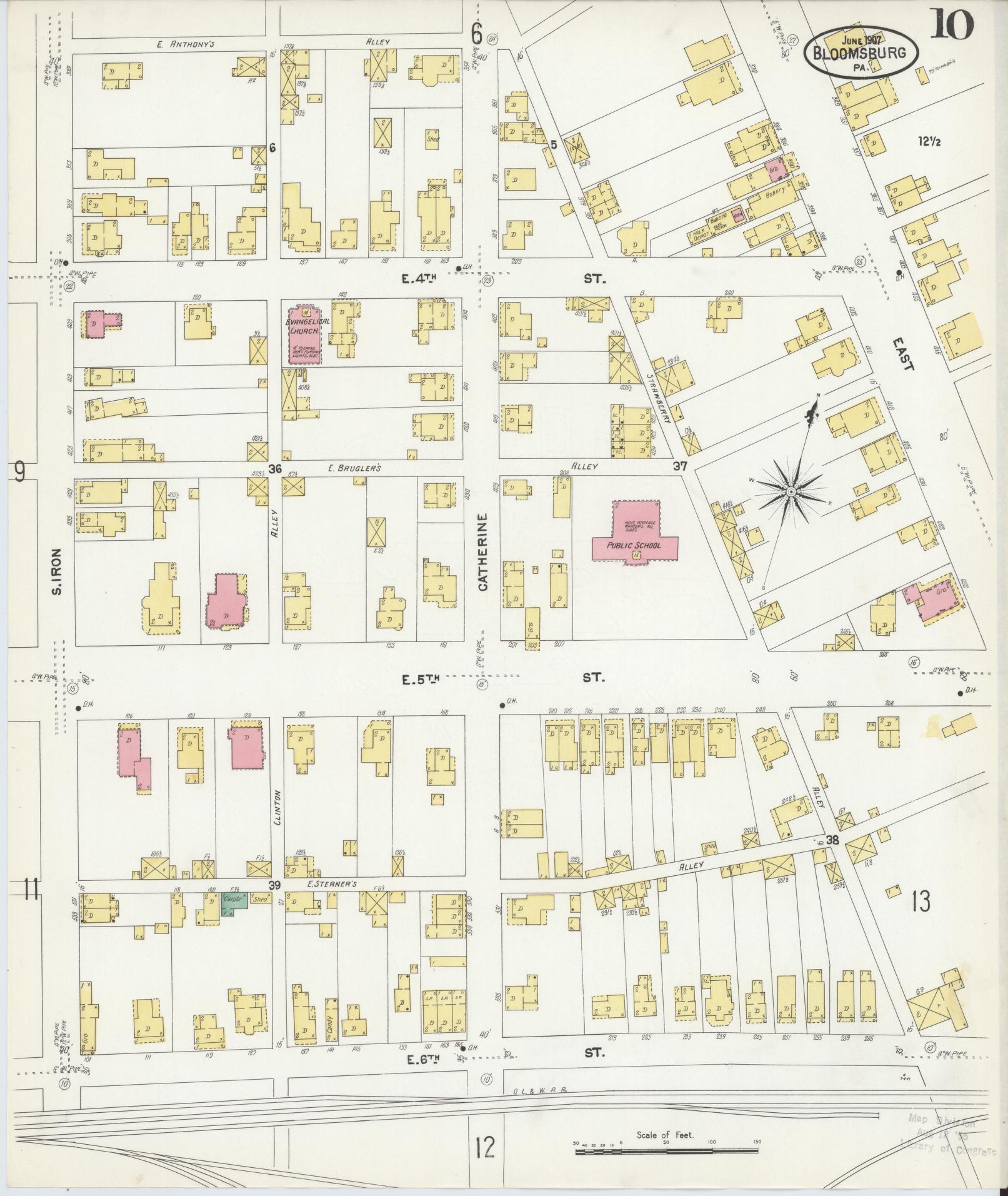 Sanborn Fire Insurance Map from Bloomsburg, Columbia County, Pennsylvania (1907), Sheet #0010 - Historic Sanborn Fire Insurance Map Print, vintage old map wall art, antique decor, genealogy gift, Pennsylvania Pennsylvania map