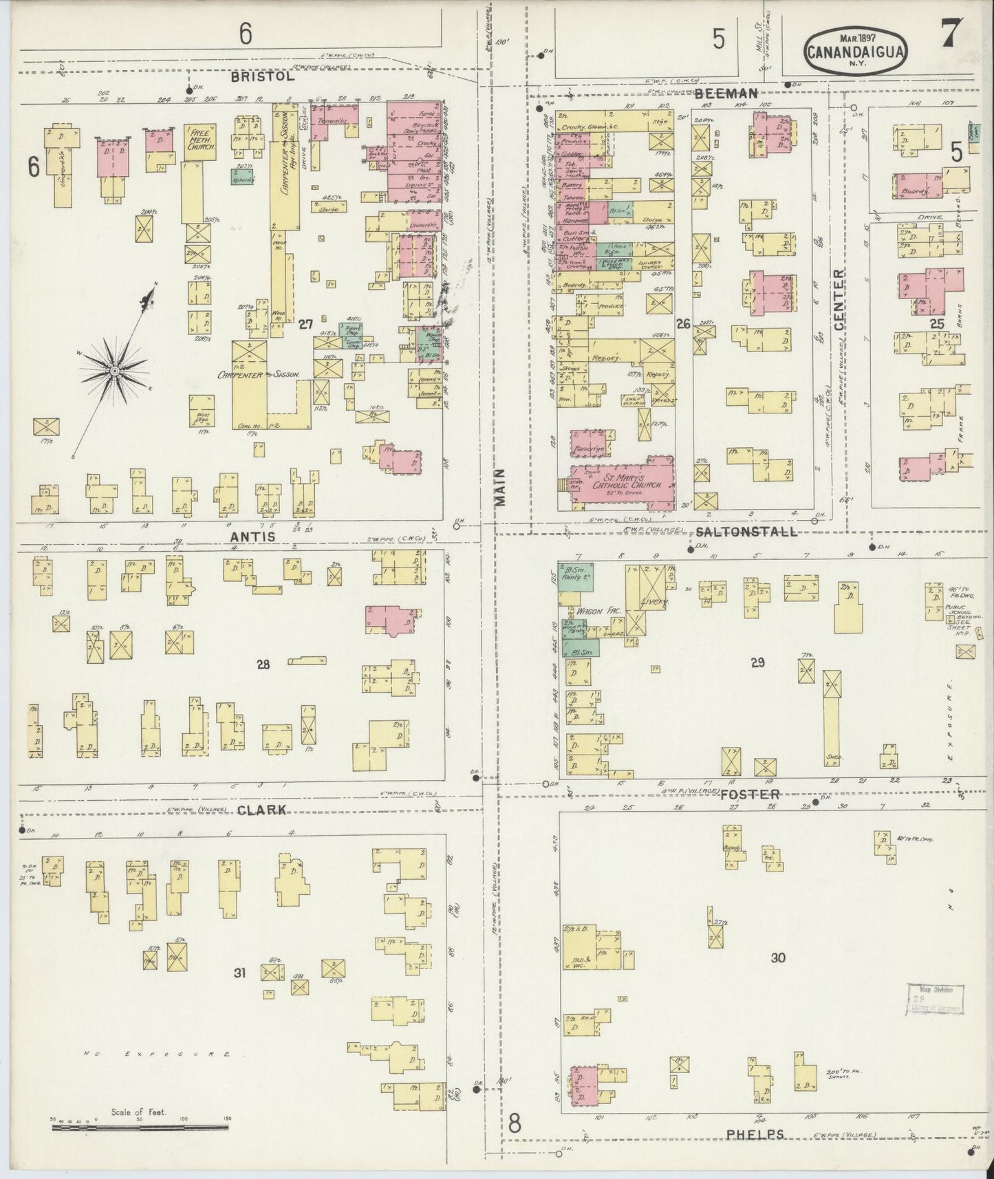 Sanborn Fire Insurance Map from Canandaigua, Ontario County, New York (1897), Sheet #0007 - Historic Sanborn Fire Insurance Map Print, vintage old map wall art, antique decor, genealogy gift, New York New York map