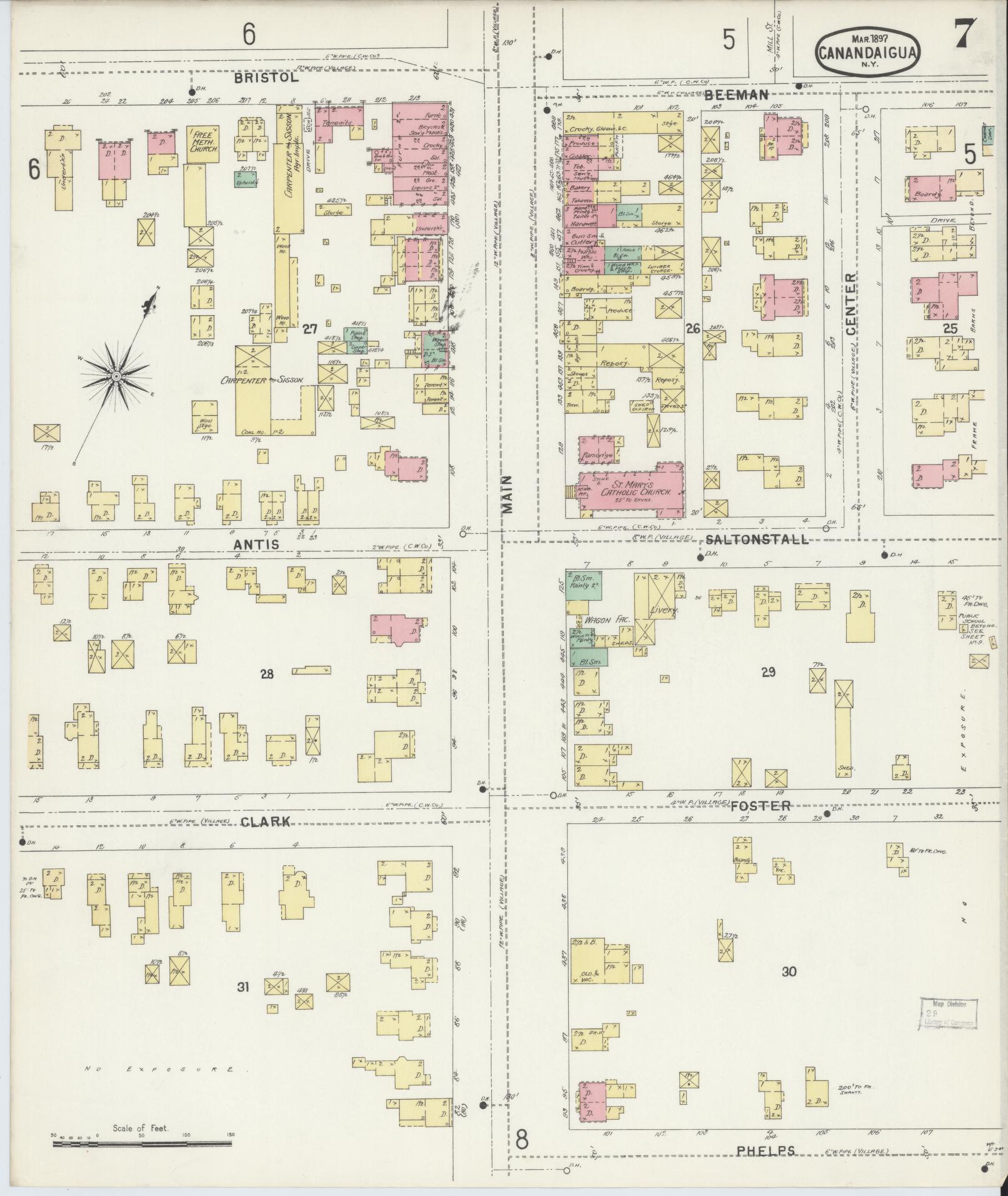 Sanborn Fire Insurance Map from Canandaigua, Ontario County, New York (1897), Sheet #0007 - Historic Sanborn Fire Insurance Map Print, vintage old map wall art, antique decor, genealogy gift, New York New York map