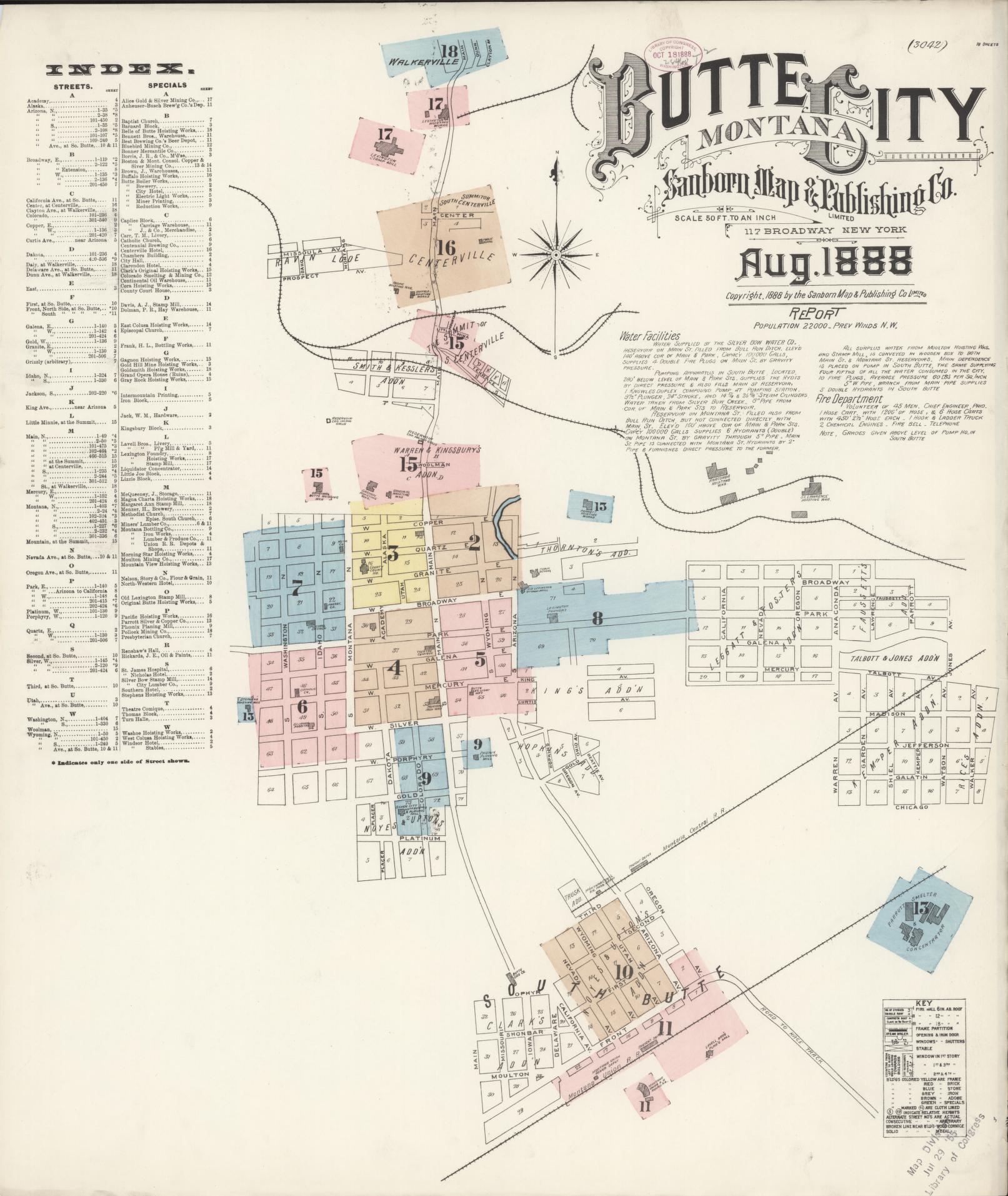 Sanborn Fire Insurance Map from Butte, Silver Bow County, Montana (1888), Sheet #0001 - Historic Sanborn Fire Insurance Map Print, vintage old map wall art, antique decor, genealogy gift, Montana Montana map