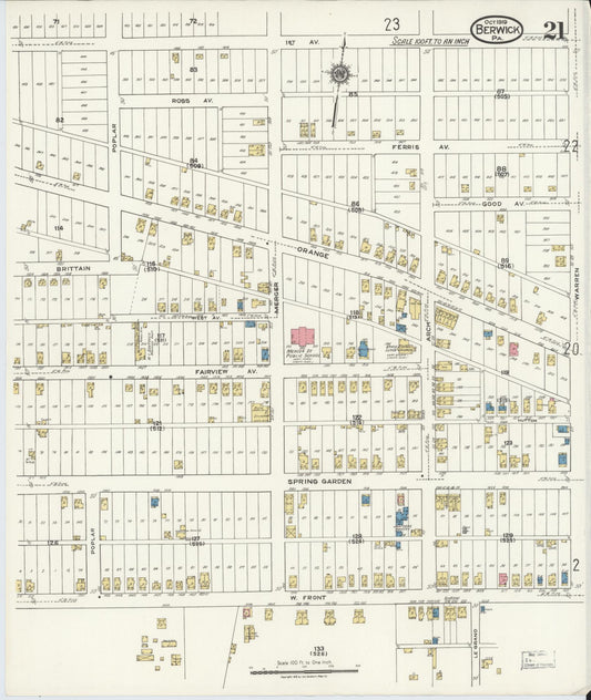 Sanborn Fire Insurance Map from Berwick, Columbia County, Pennsylvania (1918), Sheet #0021 - Historic Sanborn Fire Insurance Map Print, vintage old map wall art, antique decor, genealogy gift, Pennsylvania Pennsylvania map