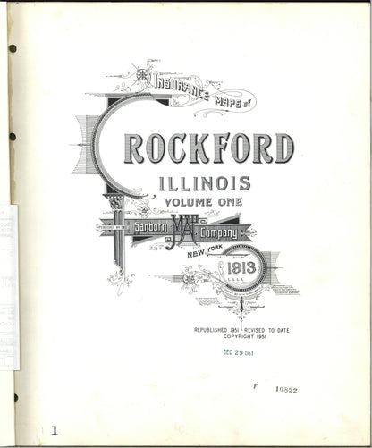 Sanborn Fire Insurance Map from Rockford, Winnebago County, Illinois (1951), Sheet #0001 - Historic Sanborn Fire Insurance Map Print, vintage old map wall art, antique decor, genealogy gift, Illinois Illinois map