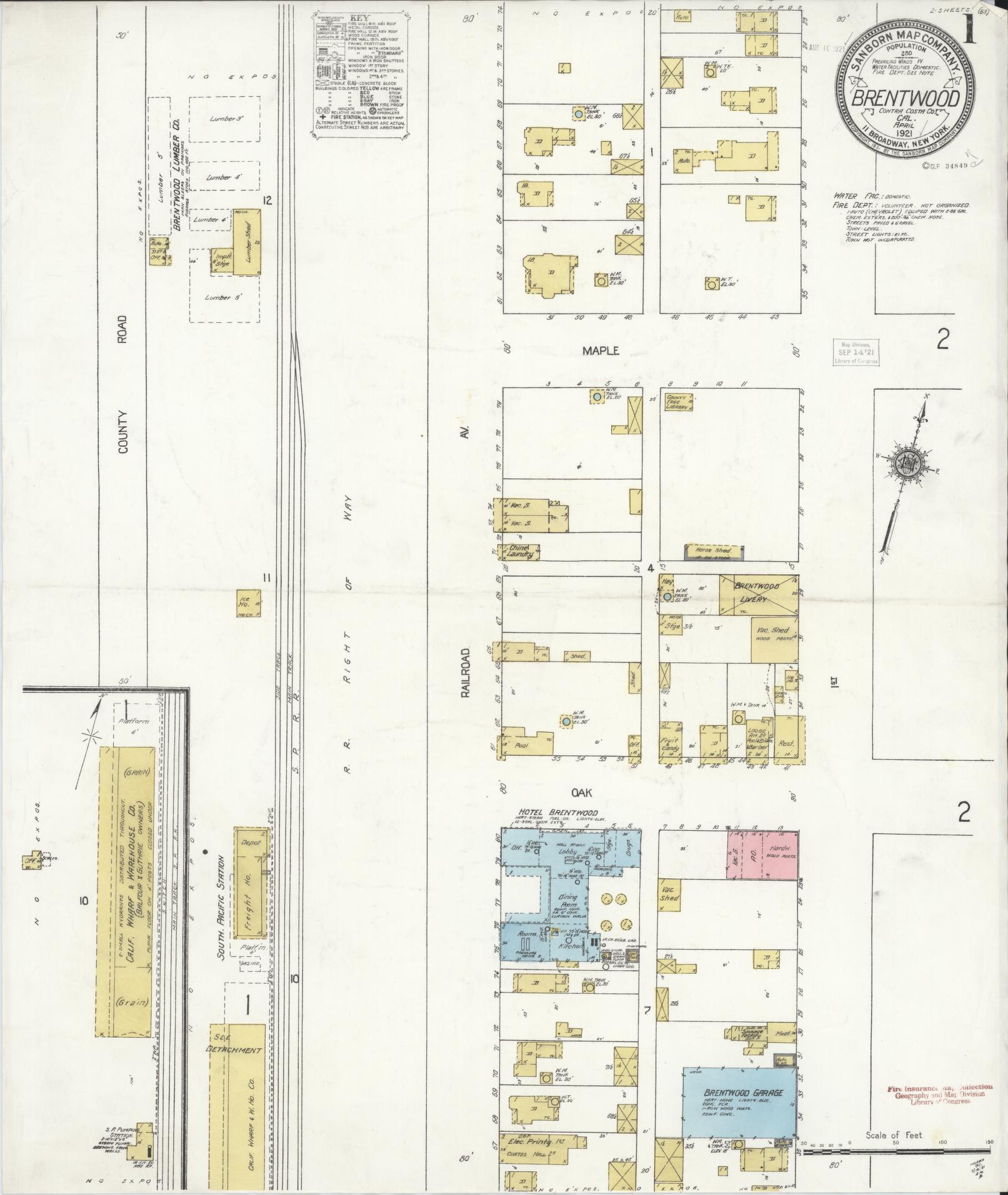Sanborn Fire Insurance Map from Brentwood, Contra Costa County, California (1921), Sheet #0001 - Complete Map Set gallery image, historic Sanborn map, vintage wall art, California California