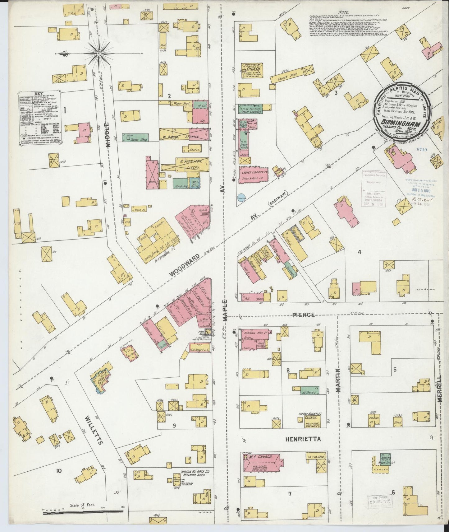 Sanborn Fire Insurance Map from Birmingham, Oakland County, Michigan (1900), Sheet #0001 - Historic Sanborn Fire Insurance Map Print, vintage old map wall art, antique decor, genealogy gift, Michigan Michigan map