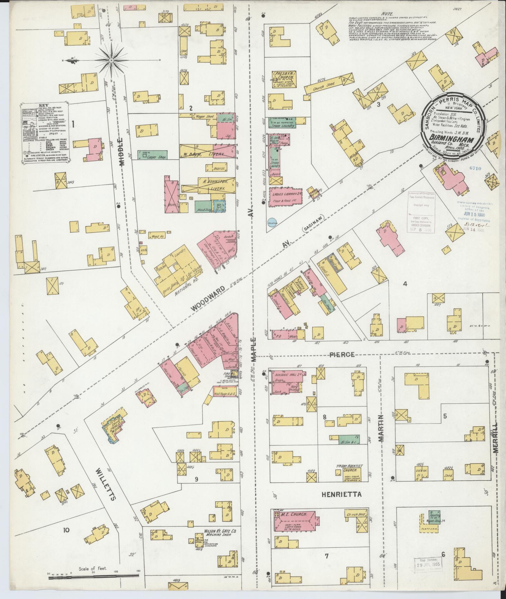Sanborn Fire Insurance Map from Birmingham, Oakland County, Michigan (1900), Sheet #0001 - Historic Sanborn Fire Insurance Map Print, vintage old map wall art, antique decor, genealogy gift, Michigan Michigan map