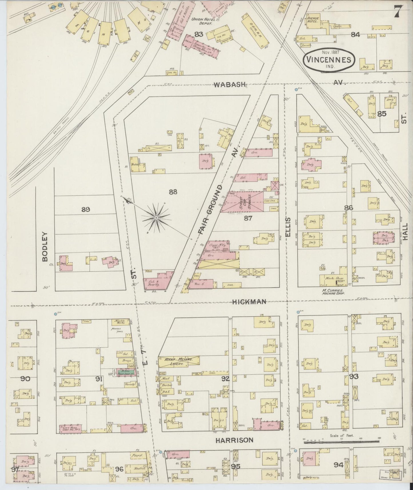 Sanborn Fire Insurance Map from Vincennes, Knox County, Indiana (1887), Sheet #0007 - Complete Map Set gallery image, historic Sanborn map, vintage wall art, Indiana Indiana