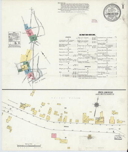 Sanborn Fire Insurance Map from Lancaster, Worcester County, Massachusetts (1910), Sheet #0001 - Historic Sanborn Fire Insurance Map Print, vintage old map wall art, antique decor, genealogy gift, Massachusetts Massachusetts map