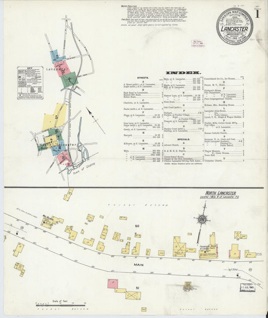 Sanborn Fire Insurance Map from Lancaster, Worcester County, Massachusetts (1910), Sheet #0001 - Historic Sanborn Fire Insurance Map Print, vintage old map wall art, antique decor, genealogy gift, Massachusetts Massachusetts map