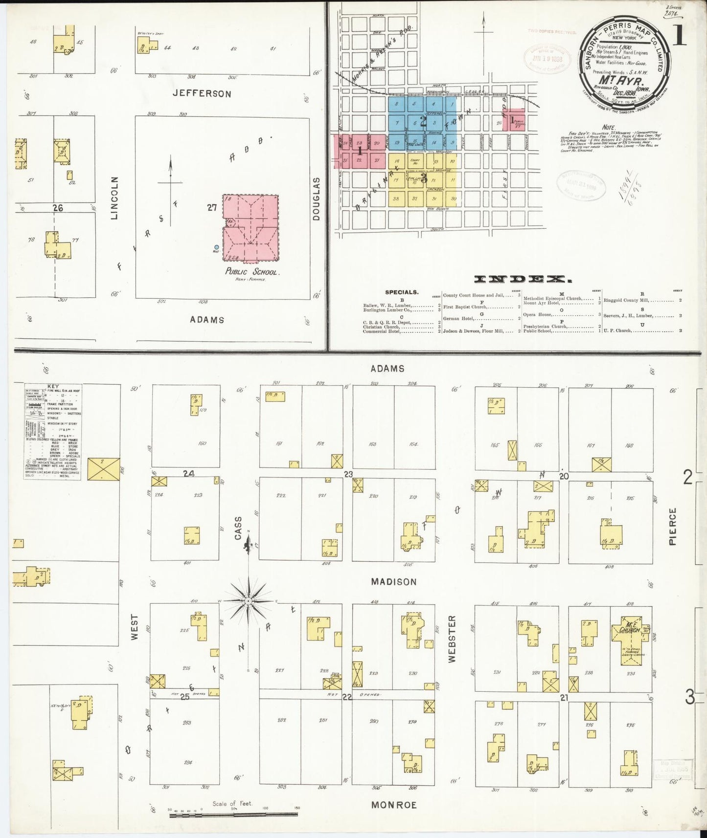 Sanborn Fire Insurance Map from Mount Ayr, Ringgold County, Iowa (1898), Sheet #0001 - Historic Sanborn Fire Insurance Map Print, vintage old map wall art