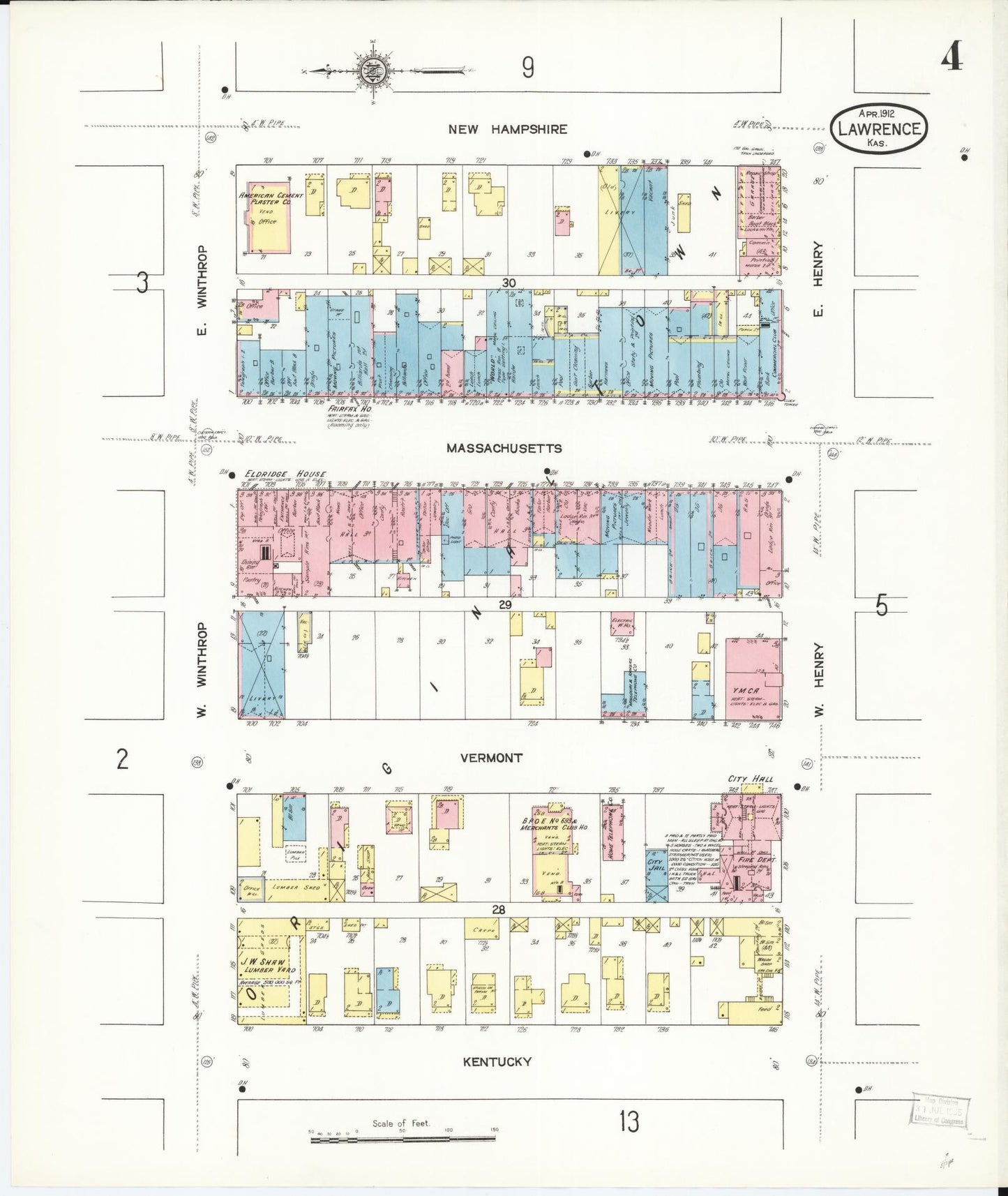 Sanborn Fire Insurance Map from Lawrence, Douglas County, Kansas (1912), Sheet #0004 - Complete Map Set gallery image, historic Sanborn map, vintage wall art, Kansas Kansas