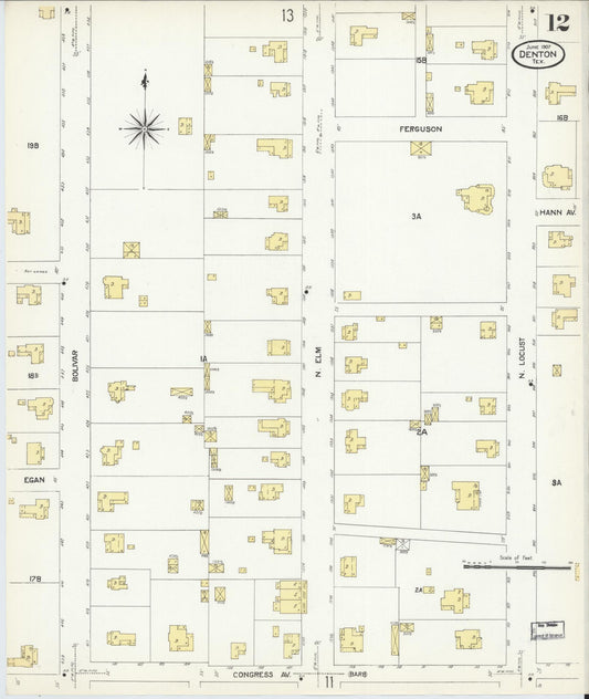 Sanborn Fire Insurance Map from Denton, Denton County, Texas (1907), Sheet #0012 - Historic Sanborn Fire Insurance Map Print, vintage old map wall art, antique decor, genealogy gift, Texas Texas map