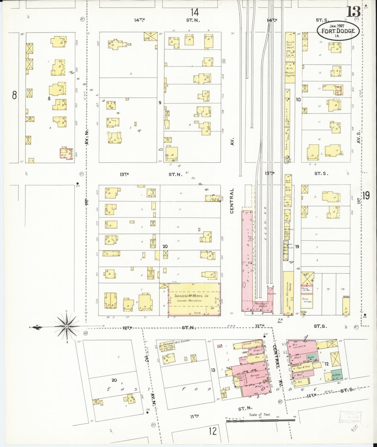 Sanborn Fire Insurance Map from Fort Dodge, Webster County, Iowa (1907), Sheet #0013 - Historic Sanborn Fire Insurance Map Print, vintage old map wall art