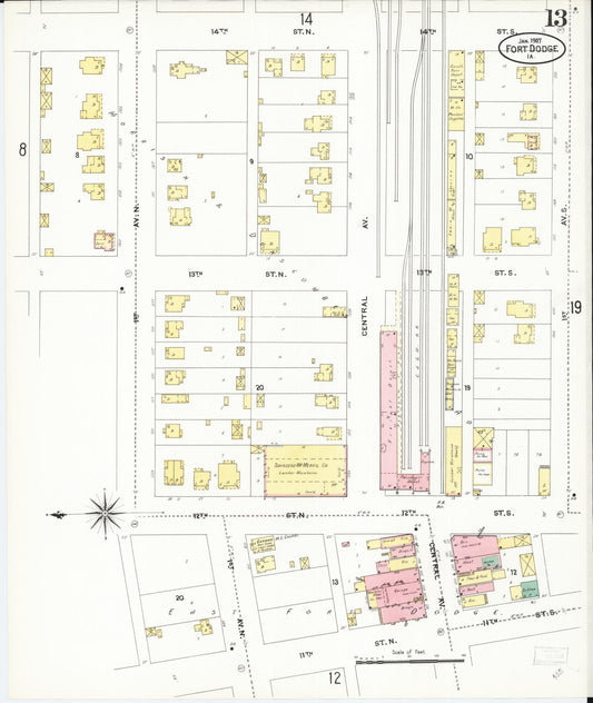 Sanborn Fire Insurance Map from Fort Dodge, Webster County, Iowa (1907), Sheet #0013 - Historic Sanborn Fire Insurance Map Print, vintage old map wall art