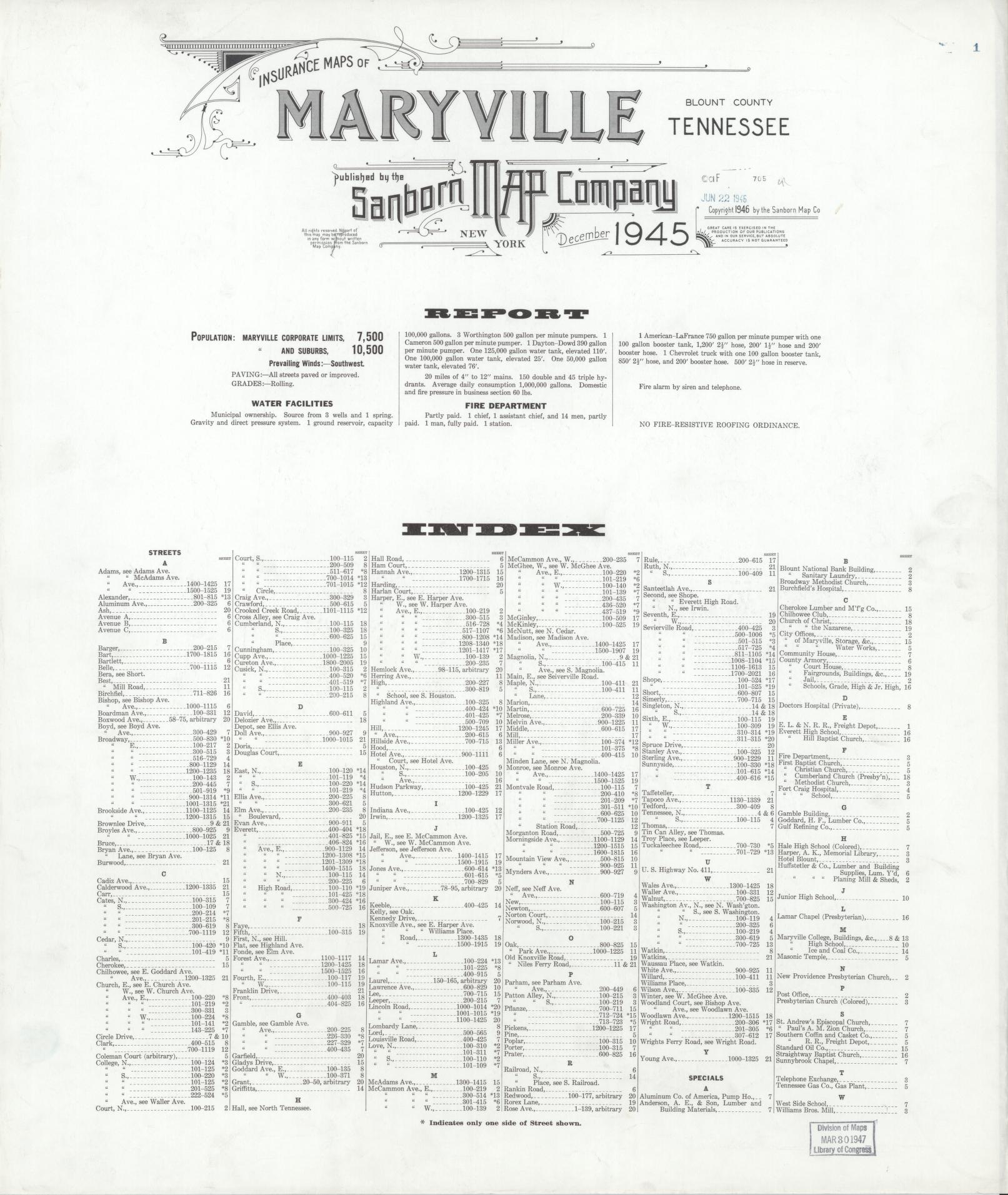 Sanborn Fire Insurance Map from Maryville, Blount County, Tennessee. (1945) – Historic Sanborn Fire Insurance Map Print