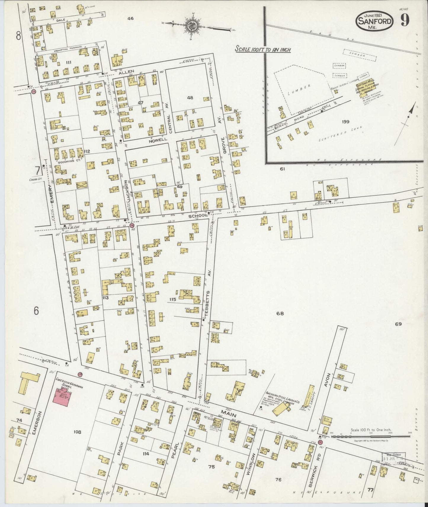 Sanborn Fire Insurance Map from Sanford, York County, Maine (1921), Sheet #0009 - Complete Map Set gallery image, historic Sanborn map, vintage wall art, Maine Maine