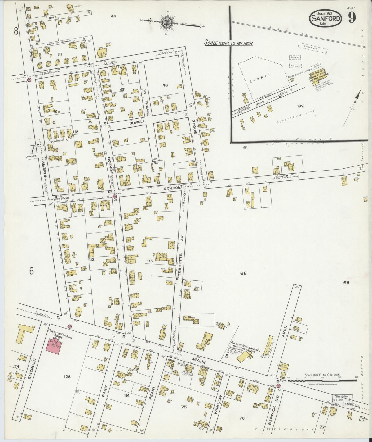 Sanborn Fire Insurance Map from Sanford, York County, Maine (1921), Sheet #0009 - Complete Map Set gallery image, historic Sanborn map, vintage wall art, Maine Maine