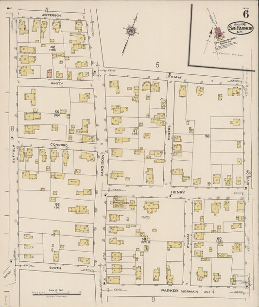 Sanborn Fire Insurance Map from Sag Harbor, Suffolk County, New York (1921), Sheet #0006 - Historic Sanborn Fire Insurance Map Print, vintage old map wall art, antique decor, genealogy gift, New York New York map