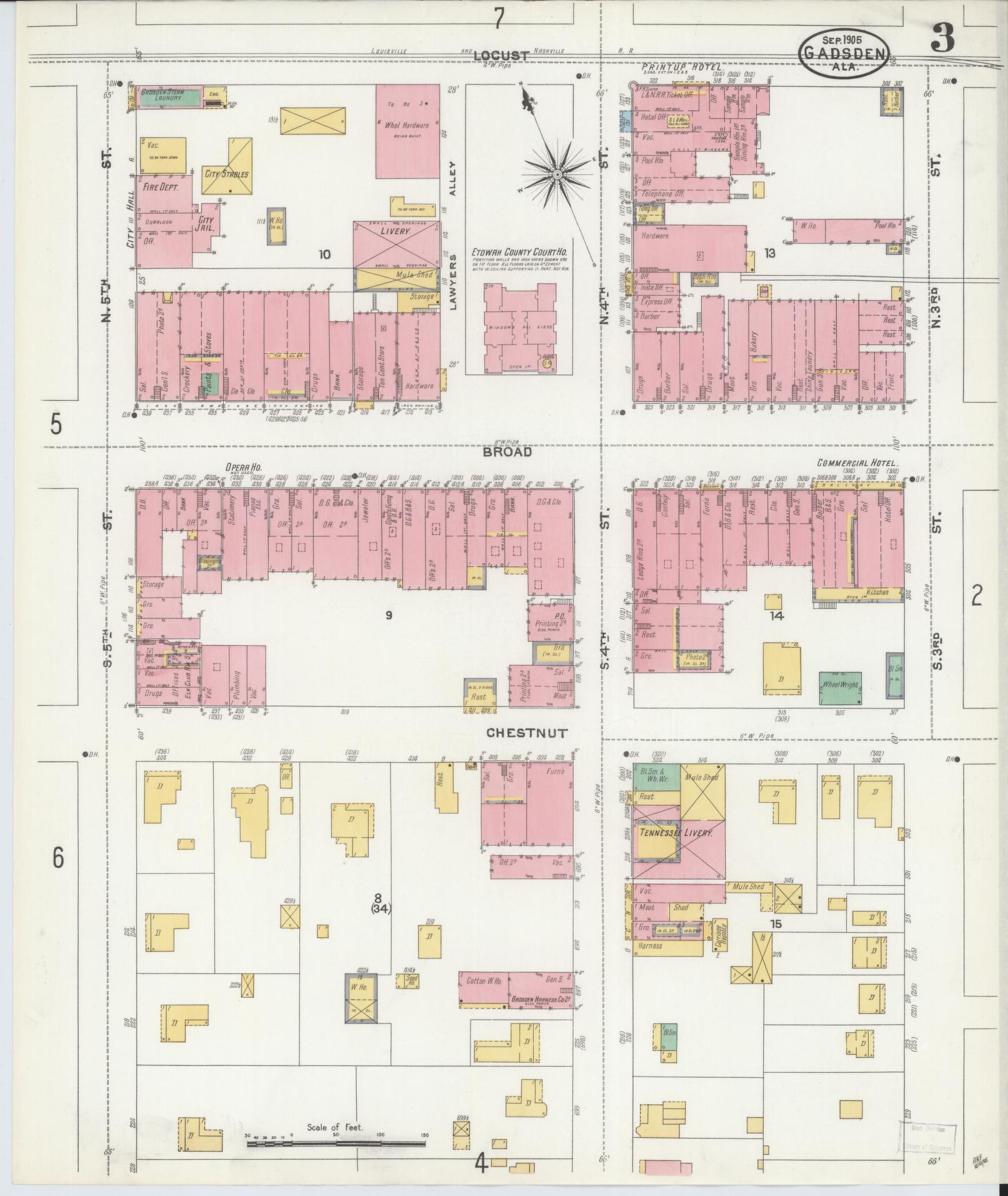 Sanborn Fire Insurance Map from Gadsden, Etowah County, Alabama (1905), Sheet #0003 - Historic Sanborn Fire Insurance Map Print, vintage old map wall art, antique decor, genealogy gift, Alabama Alabama map