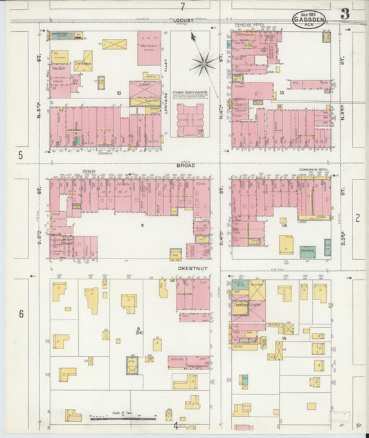 Sanborn Fire Insurance Map from Gadsden, Etowah County, Alabama (1905), Sheet #0003 - Historic Sanborn Fire Insurance Map Print, vintage old map wall art, antique decor, genealogy gift, Alabama Alabama map
