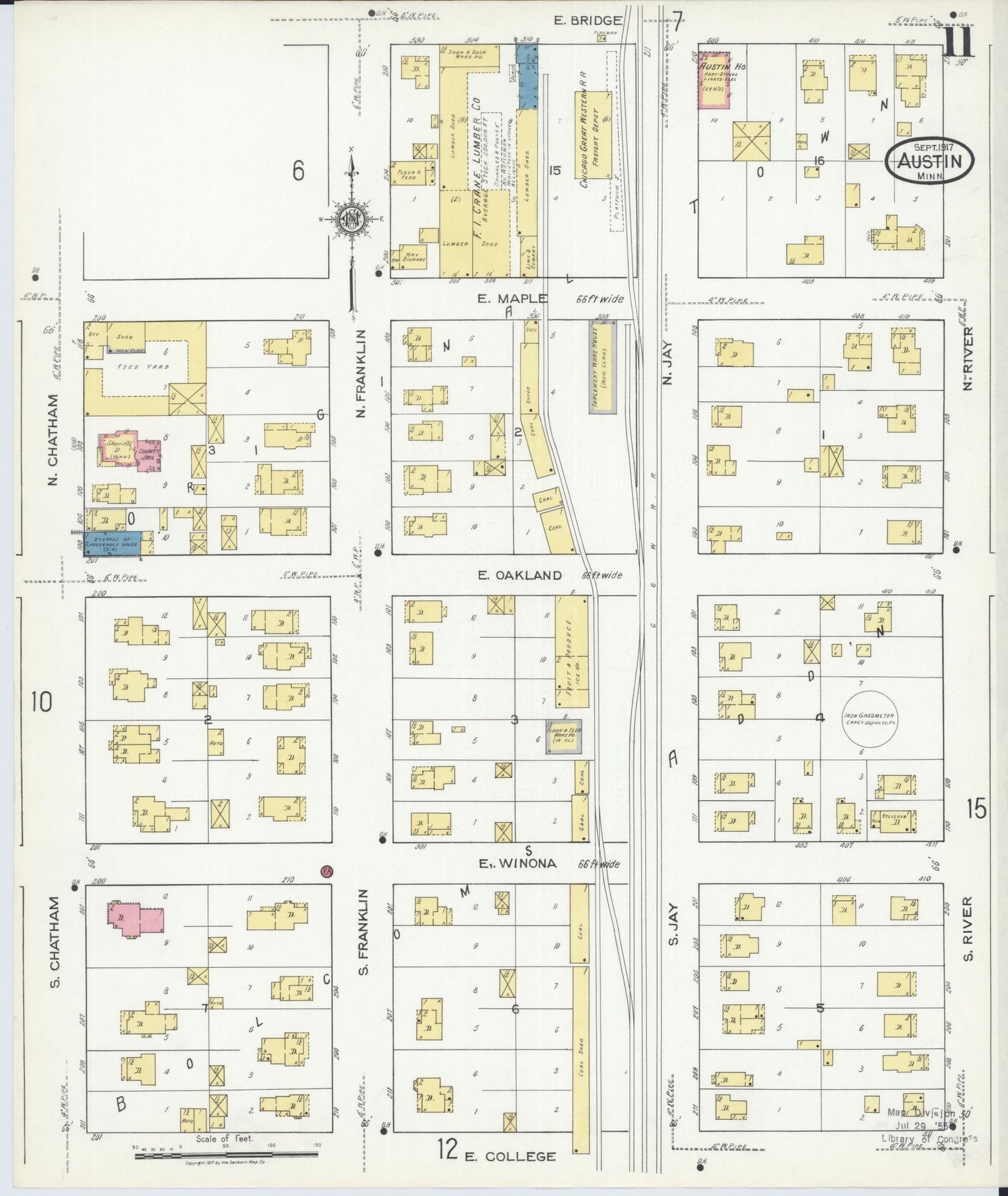 Sanborn Fire Insurance Map from Austin, Mower County, Minnesota (1917), Sheet #0011 - Complete Map Set gallery image, historic Sanborn map, vintage wall art, Minnesota Minnesota