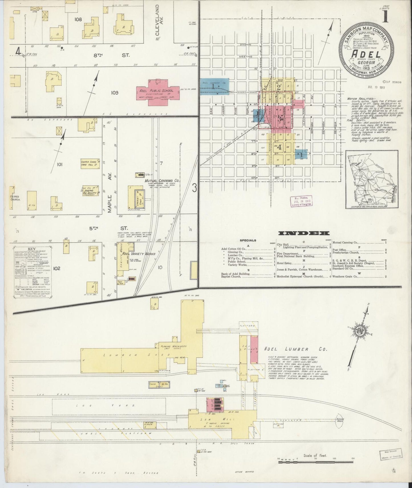 Sanborn Fire Insurance Map from Adel, Cook County, Georgia (1913), Sheet #0001 - Historic Sanborn Fire Insurance Map Print, vintage old map wall art, antique decor, genealogy gift, Georgia Georgia map