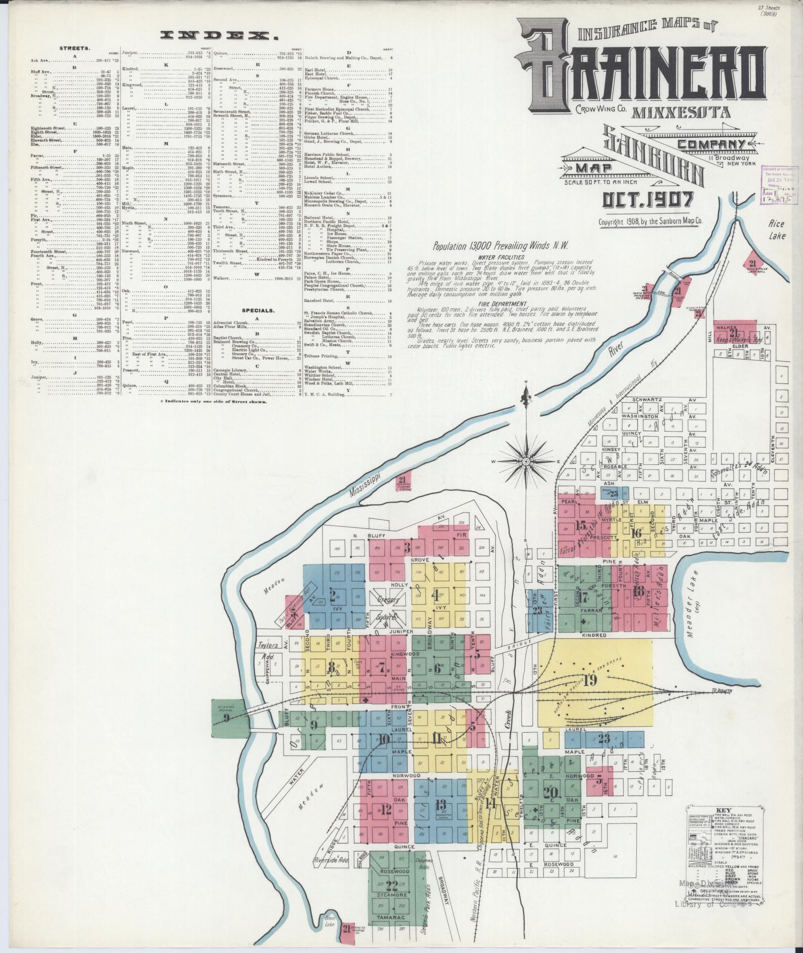 Sanborn Fire Insurance Map from Brainerd, Crow Wing County, Minnesota (1907), Sheet #0001 - Historic Sanborn Fire Insurance Map Print, vintage old map wall art, antique decor, genealogy gift, Minnesota Minnesota map