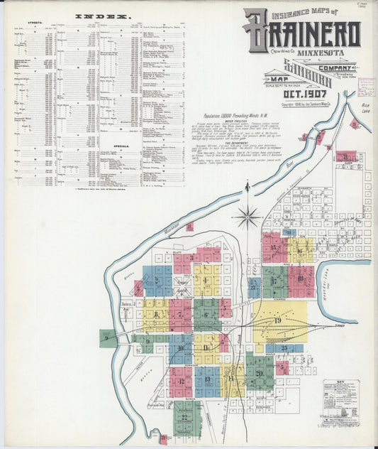 Sanborn Fire Insurance Map from Brainerd, Crow Wing County, Minnesota (1907), Sheet #0001 - Historic Sanborn Fire Insurance Map Print, vintage old map wall art, antique decor, genealogy gift, Minnesota Minnesota map
