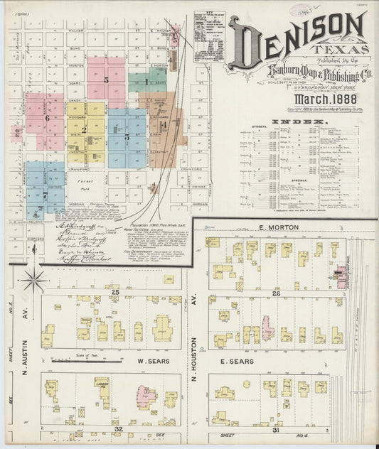 Sanborn Fire Insurance Map from Denison, Grayson County, Texas (1888), Sheet #0001 - Historic Sanborn Fire Insurance Map Print, vintage old map wall art, antique decor, genealogy gift, Texas Texas map