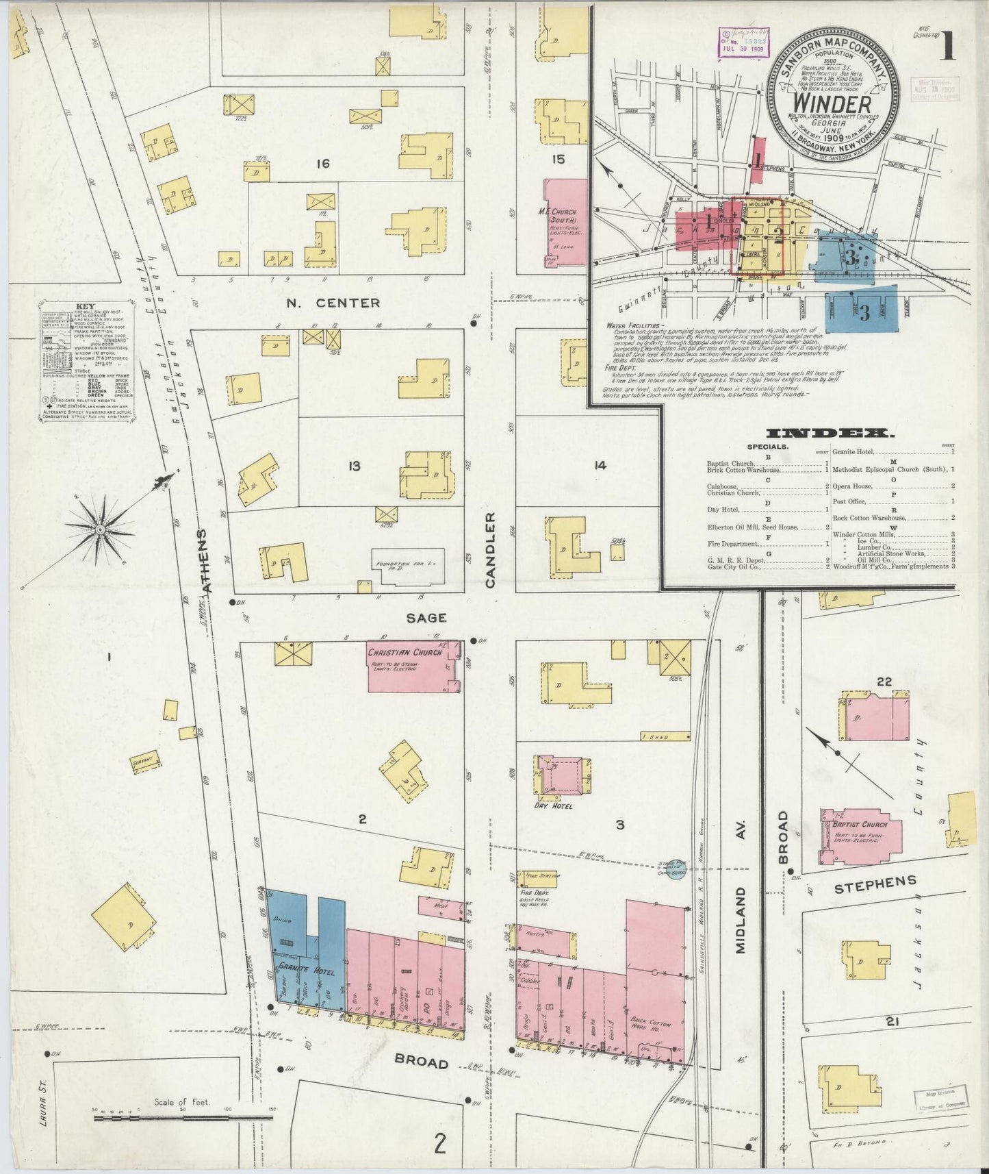 Sanborn Fire Insurance Map from Winder, Barrow County, Georgia (1909), Sheet #0001 - Complete Map Set gallery image, historic Sanborn map, vintage wall art, Georgia Georgia