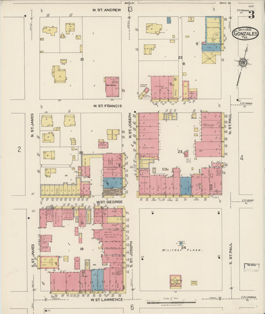 Sanborn Fire Insurance Map from Gonzales, Gonzales County, Texas (1922), Sheet #0003 - Historic Sanborn Fire Insurance Map Print, vintage old map wall art, antique decor, genealogy gift, Texas Texas map