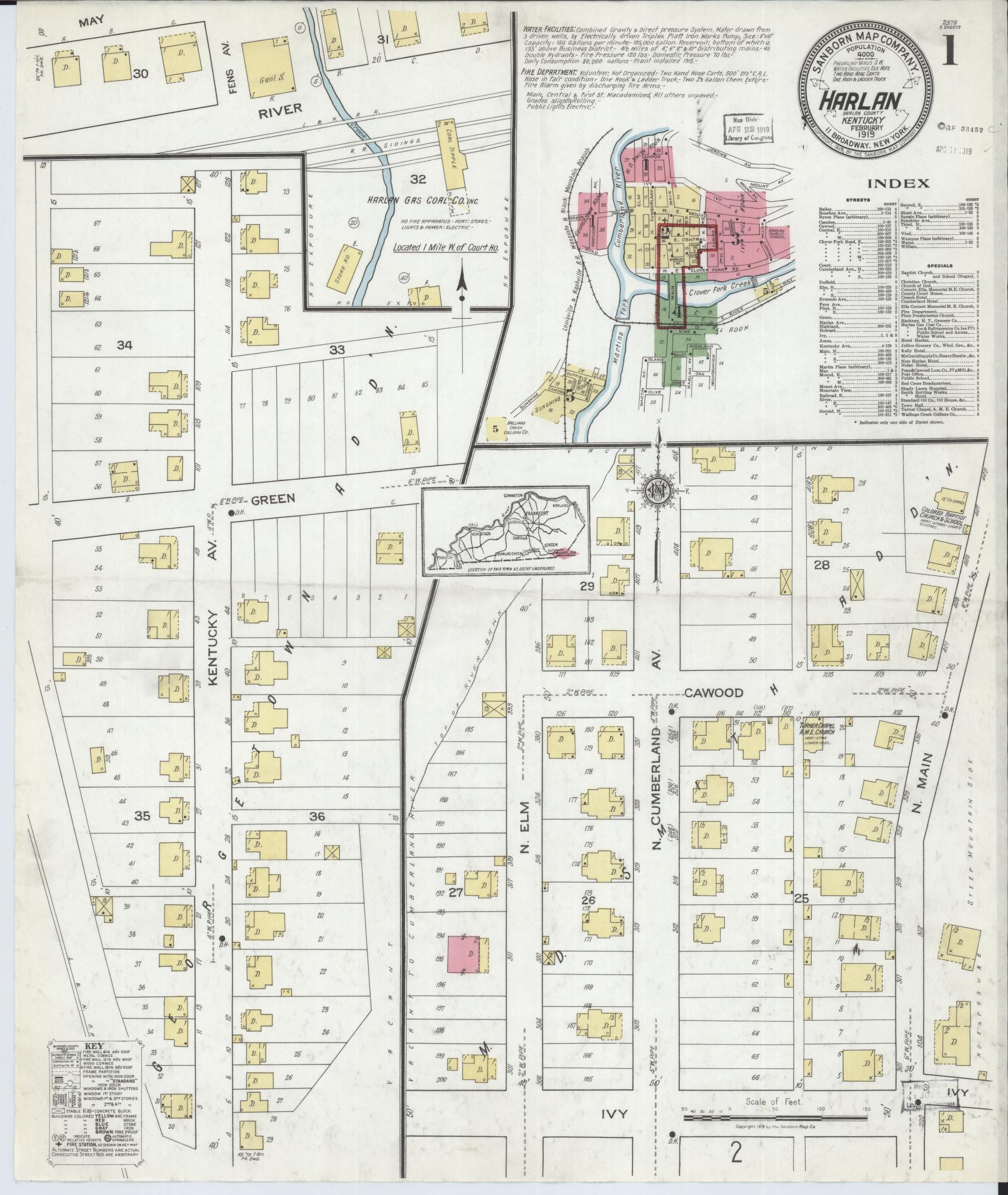 Sanborn Fire Insurance Map from Harlan, Harlan County, Kentucky (1919), Sheet #0001 - Complete Map Set gallery image, historic Sanborn map, vintage wall art, Kentucky Kentucky
